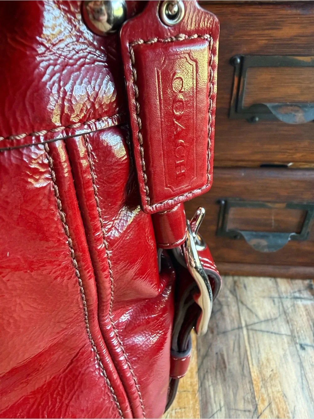 Coach Red Patent Leather Shoulder Bag with Silver Hardware